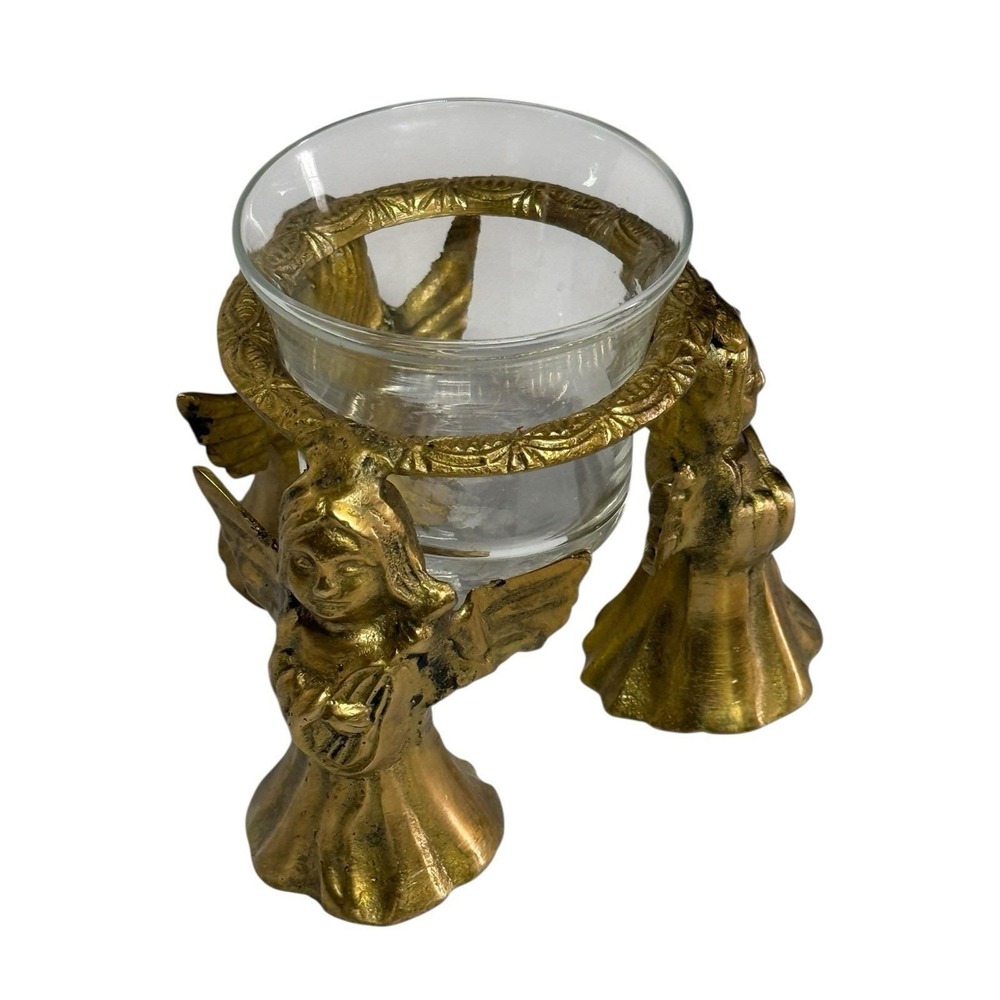 VTG Brass 3 Angels With Harps Votive Candle Holder Glass‎ Insert READ - Picture 2 of 11